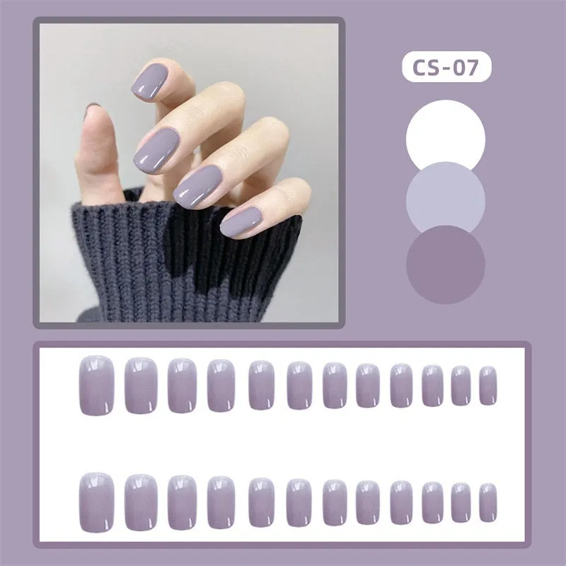 Girls Candy Pink Color False Nails Women Nature Nude Jelly Fake Nail Short Round Head Full Cover Nail Art Tips With Glue 24pcs-Nail Inspo