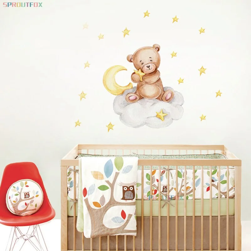 Baby Wall Sticker Bear with Stars Cartoon Animals Stickers Home Decor Living Room Berdroom Children Decorative Wall Decals