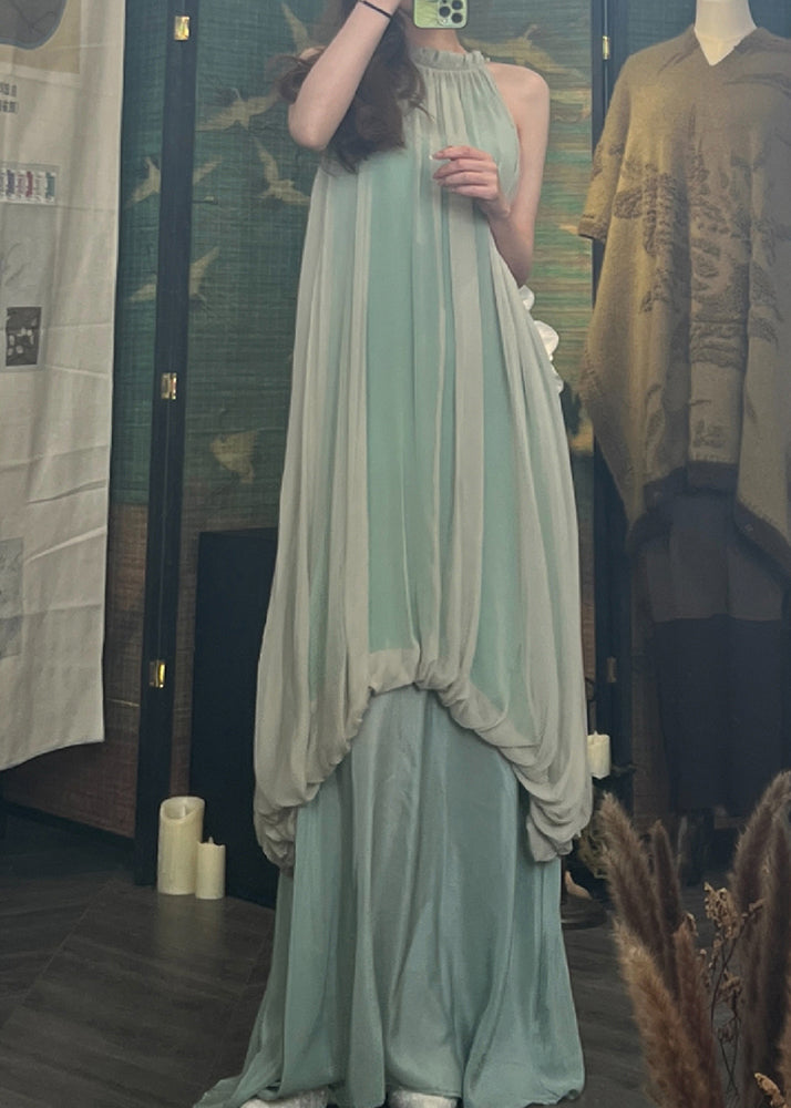VCSHOES Boutique Green Sexy Halter Wrinkled Silk Dress Sleeveless