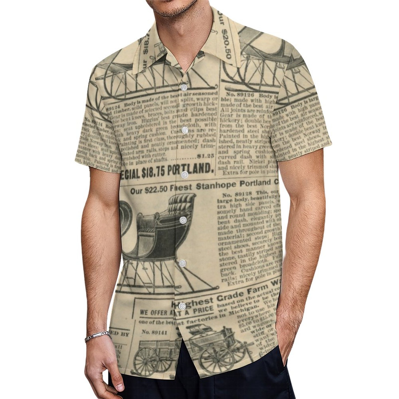 Vintage Digital Newsprint Newspaper Pattern Womens Hawaiian Shirt Mens Button Down Tropical Hawaii Beach Shirts