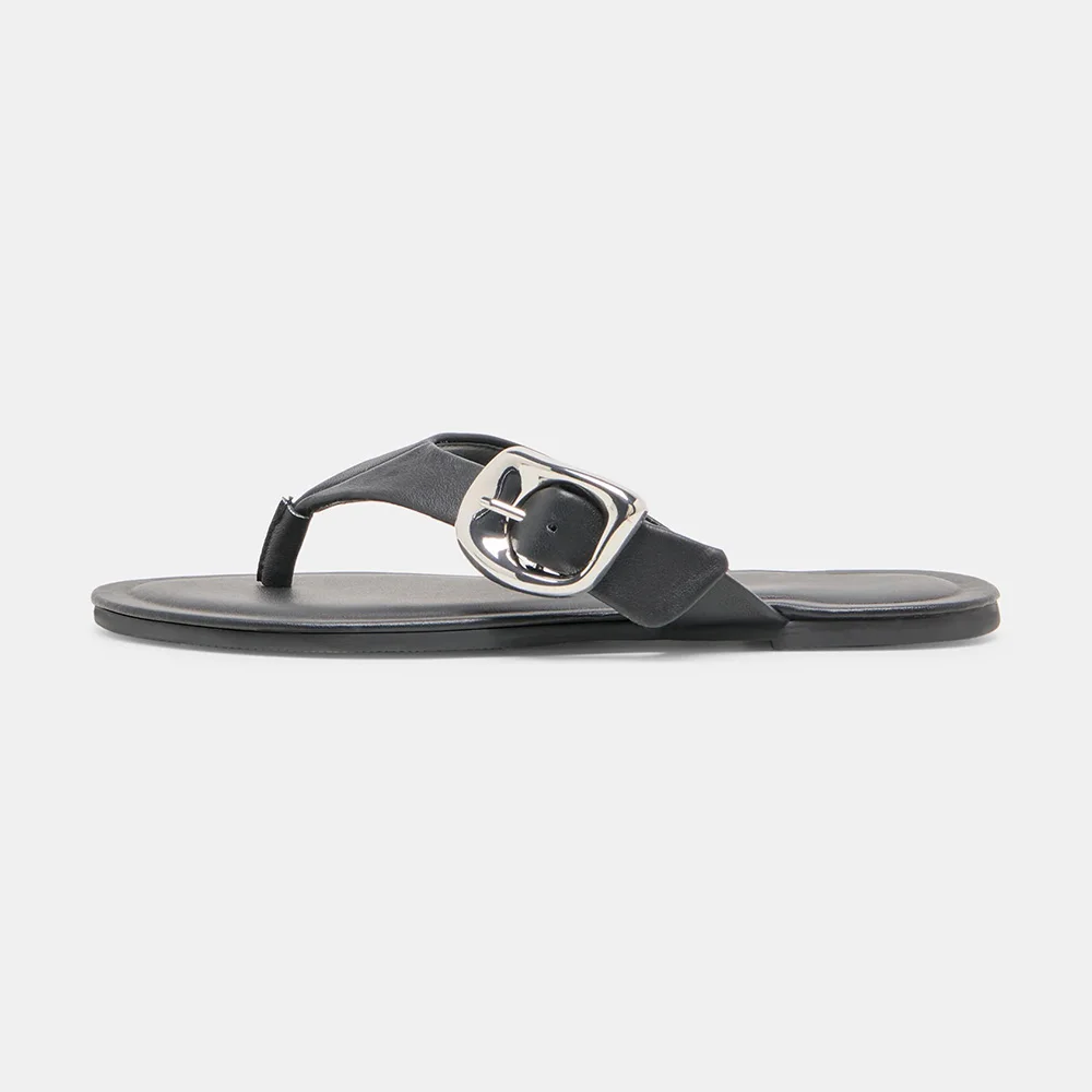 Vegan Leather Open Toe Buckle Flip Flop Black Sandals for Women