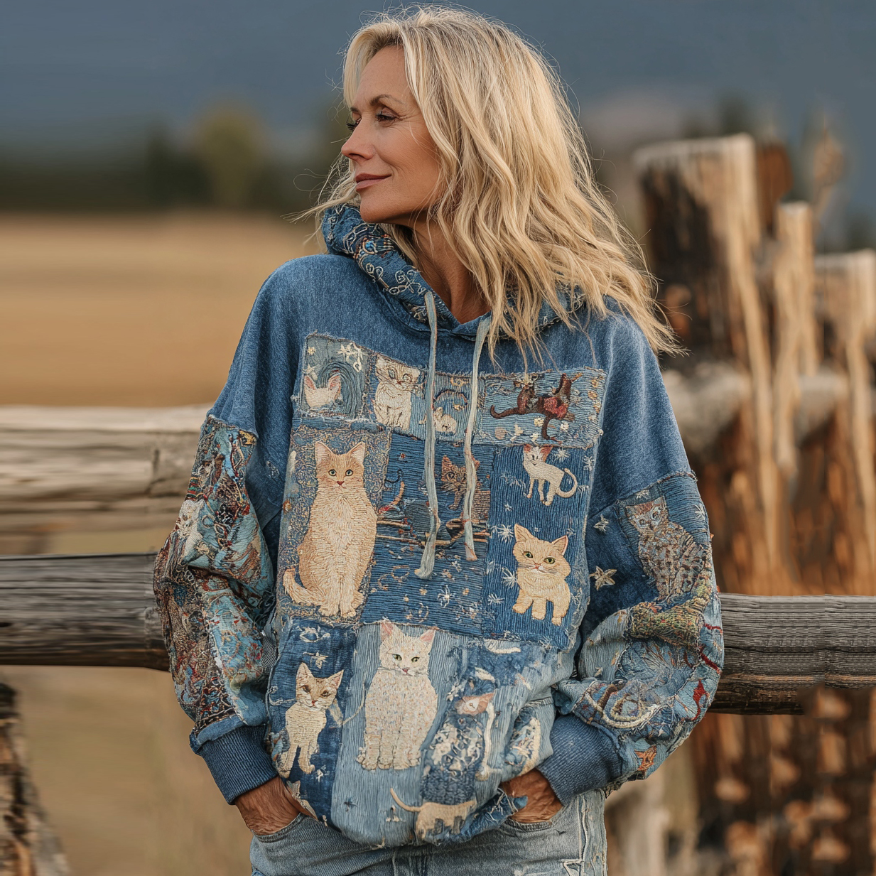 Women's Denim Patchwork Cute Cat Print Hoodie elevenforest