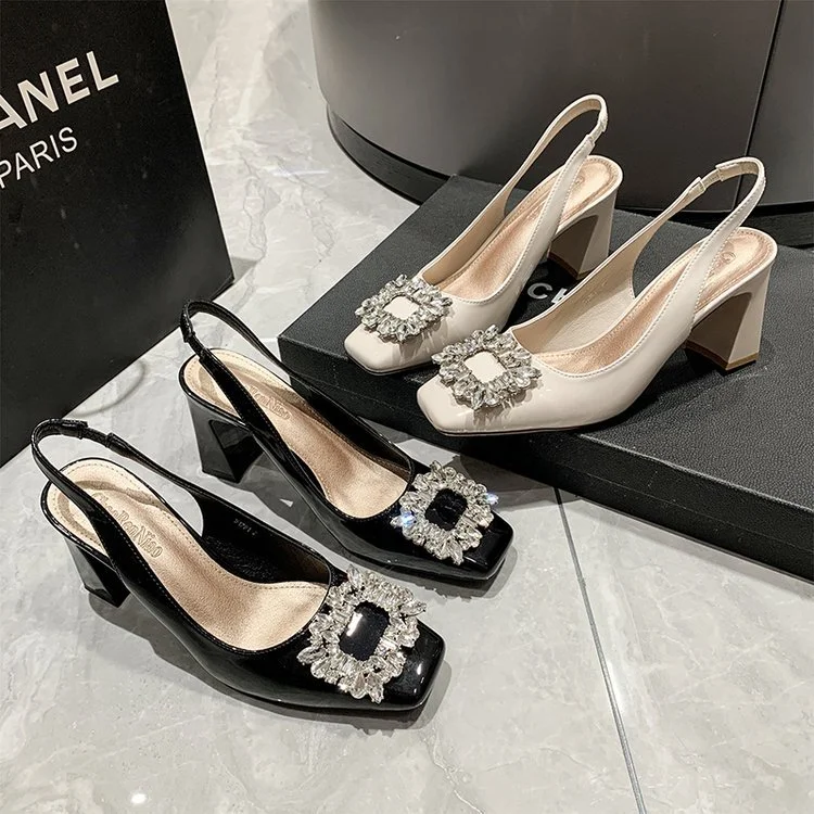 Wongn Wongn Summer New Fashion Baotou Square Head Diamond Square Buckle Set High Heel Sandals Thick Heel Women's Shoes