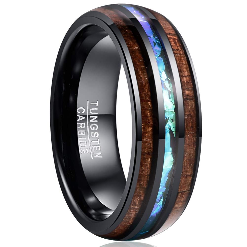 Mens Women Tungsten 4MM 6MM 8MM 10MM Hawaiian Koa Wood and Black+Abalone Shell Imitated Opal Inlay Ring Tungsten Carbide Rings Wedding Bands for Womens Men Comfort Fit
