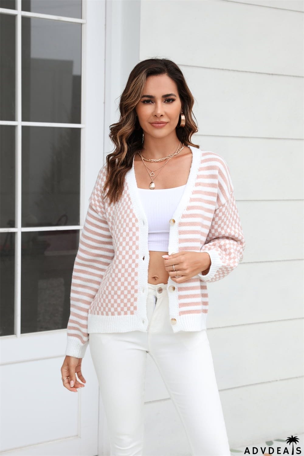 Button-Down Stripe & Plaid Contrast Pattern Cardigan