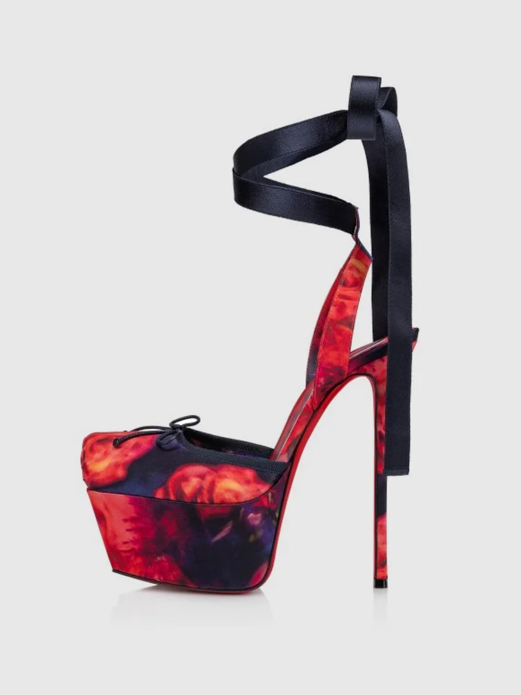 145mm/155mm Women's Strappy Crepe Satin Silk High Heel  Cassia Lace Up Alta Platform Red Bottom  Wedding Banquet Shoes