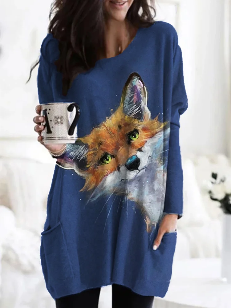 Comstylish Fuzzy Peeking Fox Painting Cozy Tunic