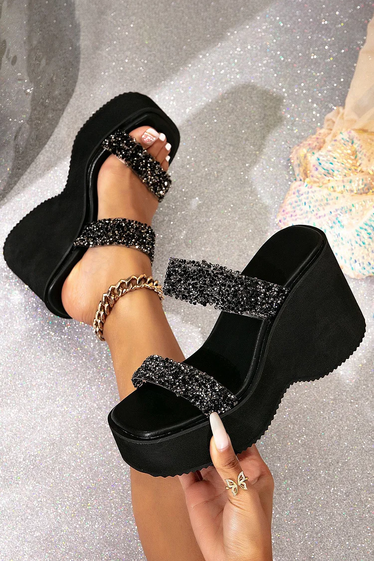 Square Toe Glittering Rhinestone Decor Platform Wedge Heels