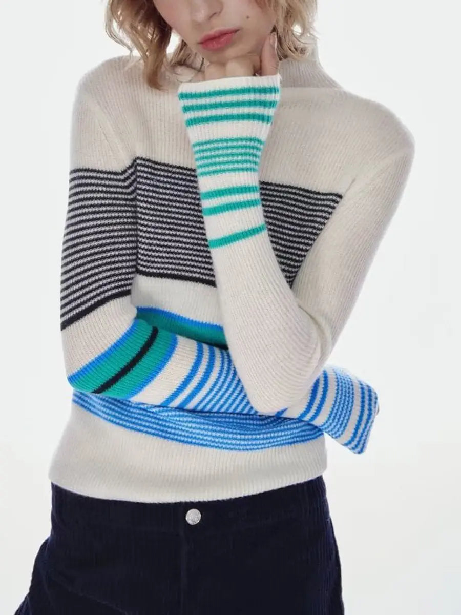 Stand Collar Long Sleeve Striped T-Shirts