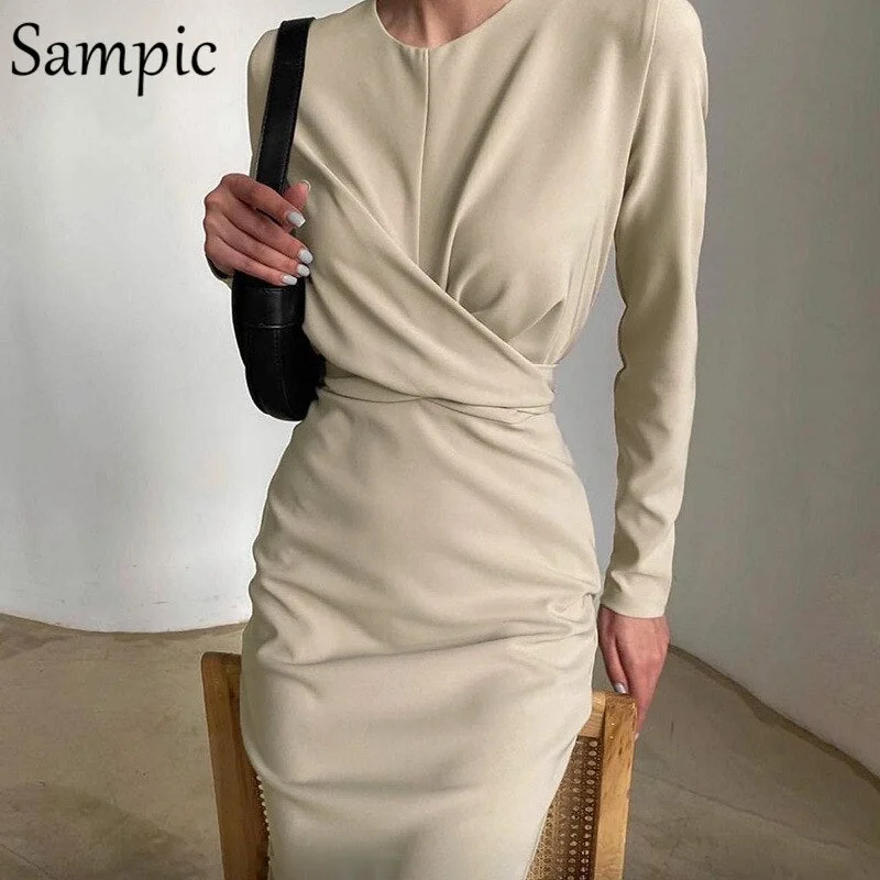 Sampic Night Club Elegant O Neck Ruched Long Sleeve Sexy Women Bodycon Dress 2020 Party Autumn Winter Black Wrap Long Dress