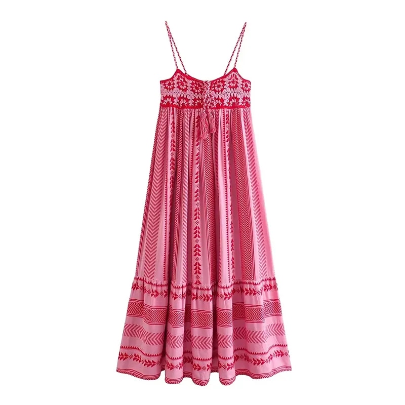 Embroidery Knitted Maxi Dress Women Sleeveless Spaghetti Strap Long Dress Pleated Summer Beach A-line Square Collar Vestidos