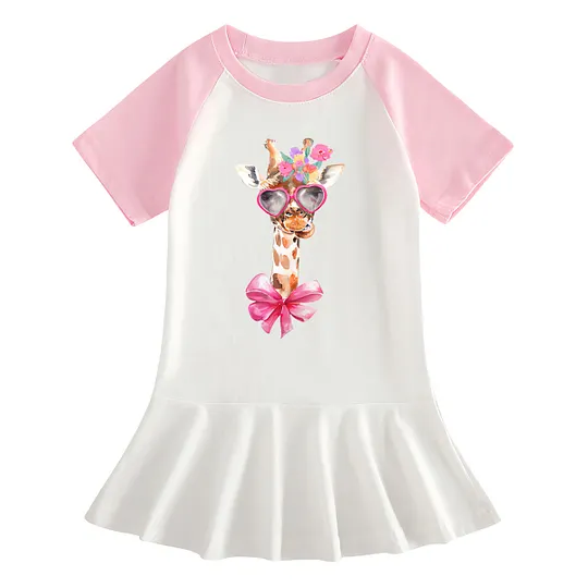【18M-9Y】Giraffe With Heart Sunglasses Ruffle Dress For Girls