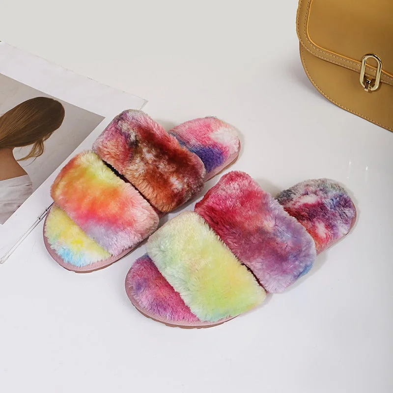 Fluffy Slippers Women Cozy Faux Fur Indoor Floor Slides Flat Soft Furry Shoes Women Home Slippers Female Winter Warm Flip Flops