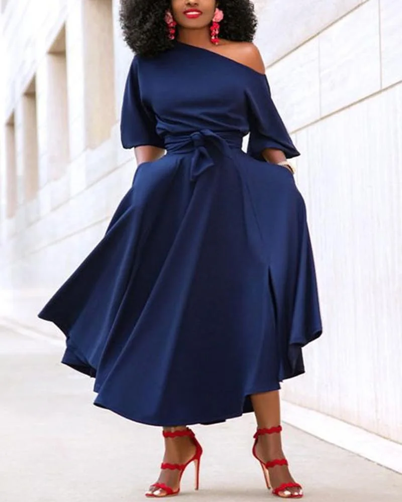 One-shoulder Tie-waist Midi Dress