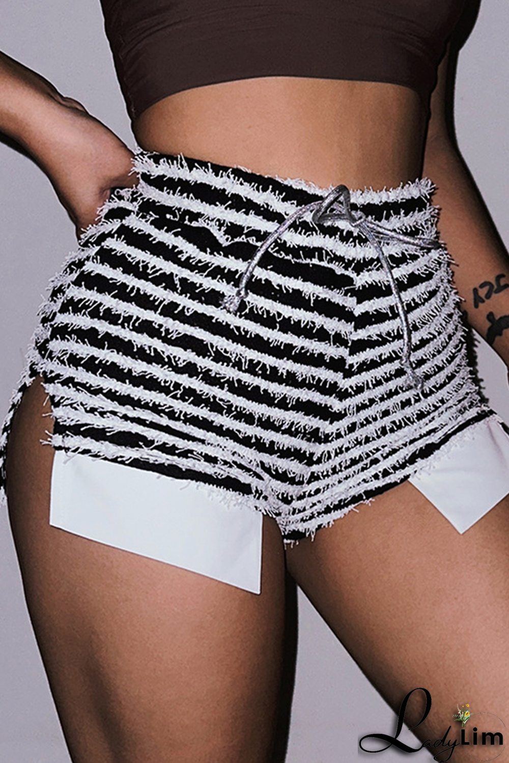 Yellow Sexy Striped Patchwork Draw String Skinny High Waist Pencil Full Print Bottoms