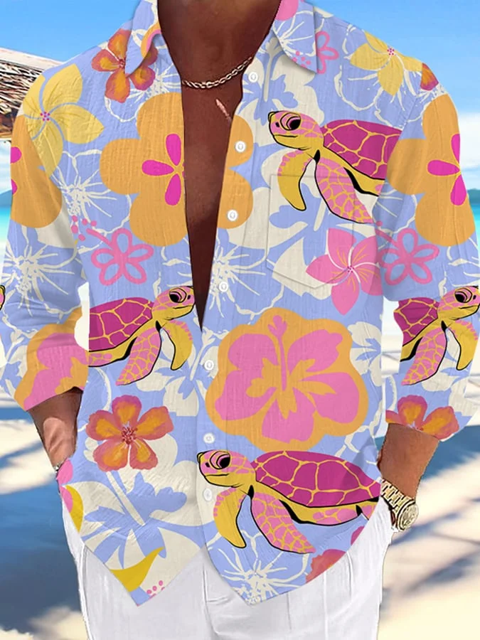 Men's Hawaii Turtles Print Fashion Vacation And Casual Shirt (With Pockets)