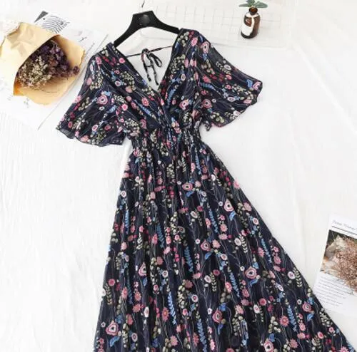 2020 Slim V Neck Summer Midi Long Dress Vestido Party Short sleeve Chiffon dress Women Casual Elegant print A-Line Vestidos
