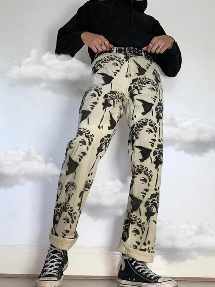 New Printed Statuary Jeans Loose Straight Men Denim Biker Casual Pants Hip Hop Man Jean Hombre Pantalon Artistic Work Size S-3XL