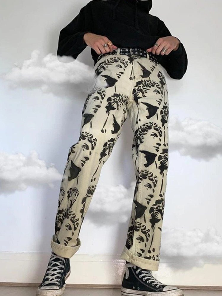 New Printed Statuary Jeans Loose Straight Men Denim Biker Casual Pants Hip Hop Man Jean Hombre Pantalon Artistic Work Size S-3XL