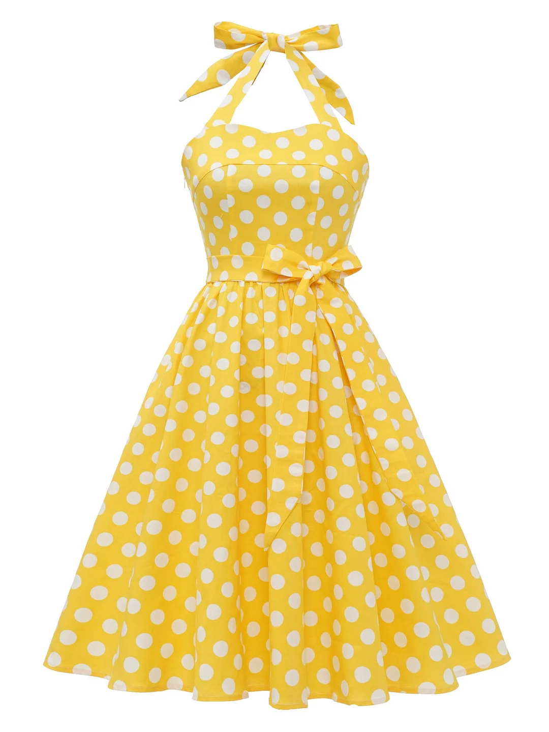 Women's Halter Dress Hepburn Polka Dot Print Bowknot Swing Dress-te