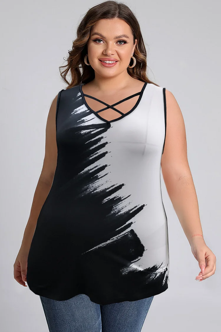 Plus Size Cross Strap Tie Dye Print V Neck Tank Top  Flycurvy [product_label]