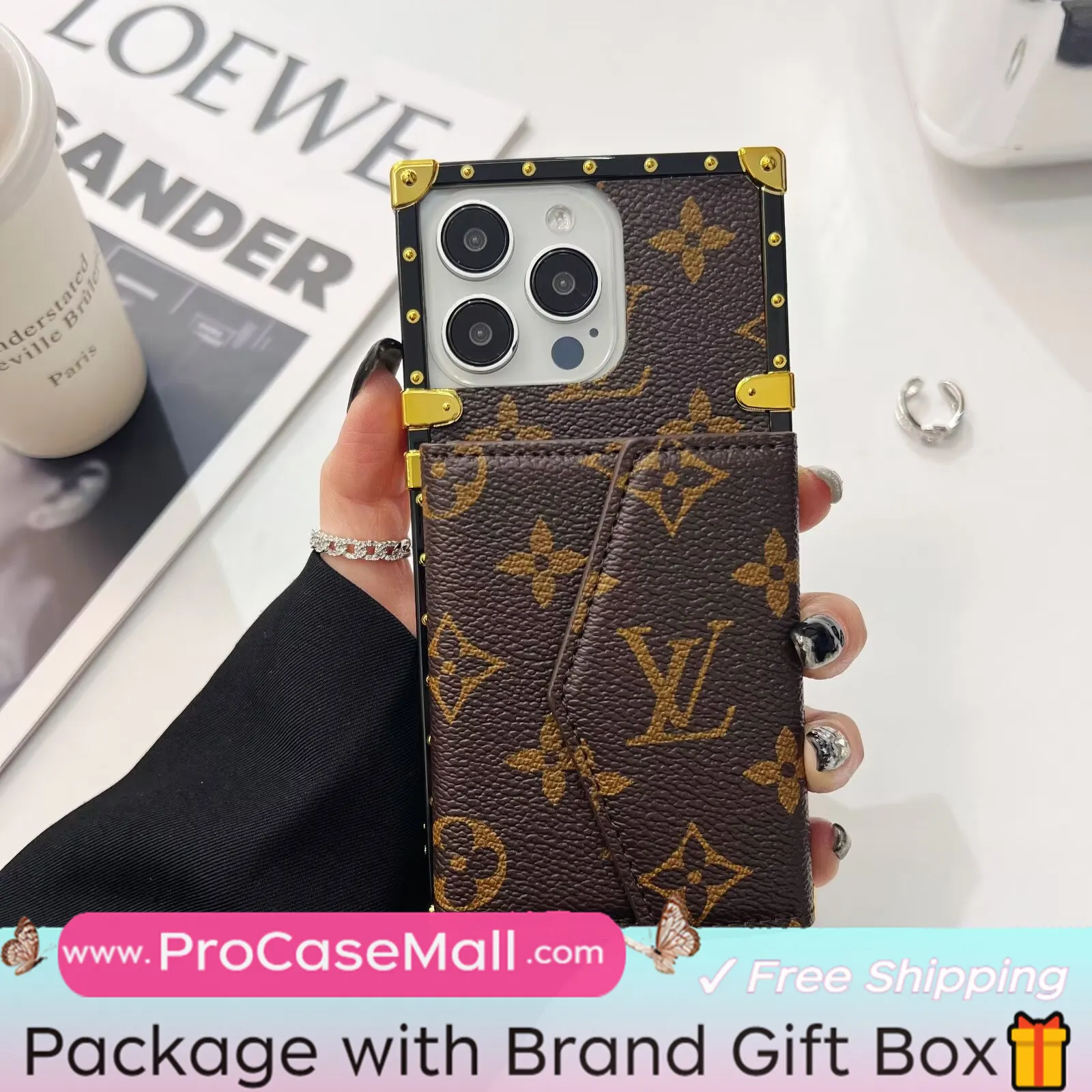 LV Electroplated Canvas Leather Card Holder Monogram Crossbody Apple iPhone Case