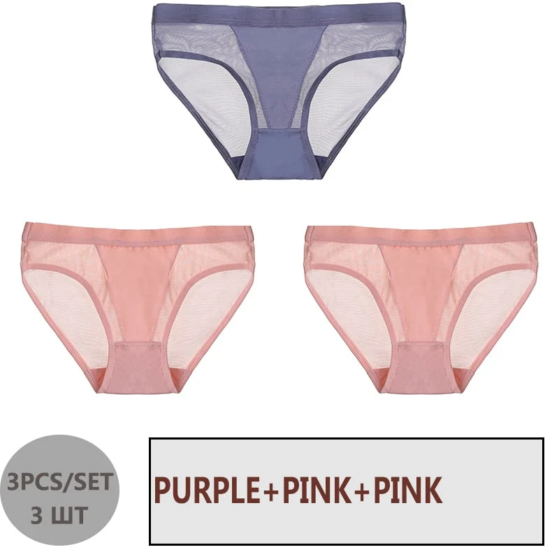 FINETOO 3PCS/Set Women Panties Sexy Mesh Lingerie Breathable Female Underwear For Woman Low-Rise Underpant Woman Panties Briefs