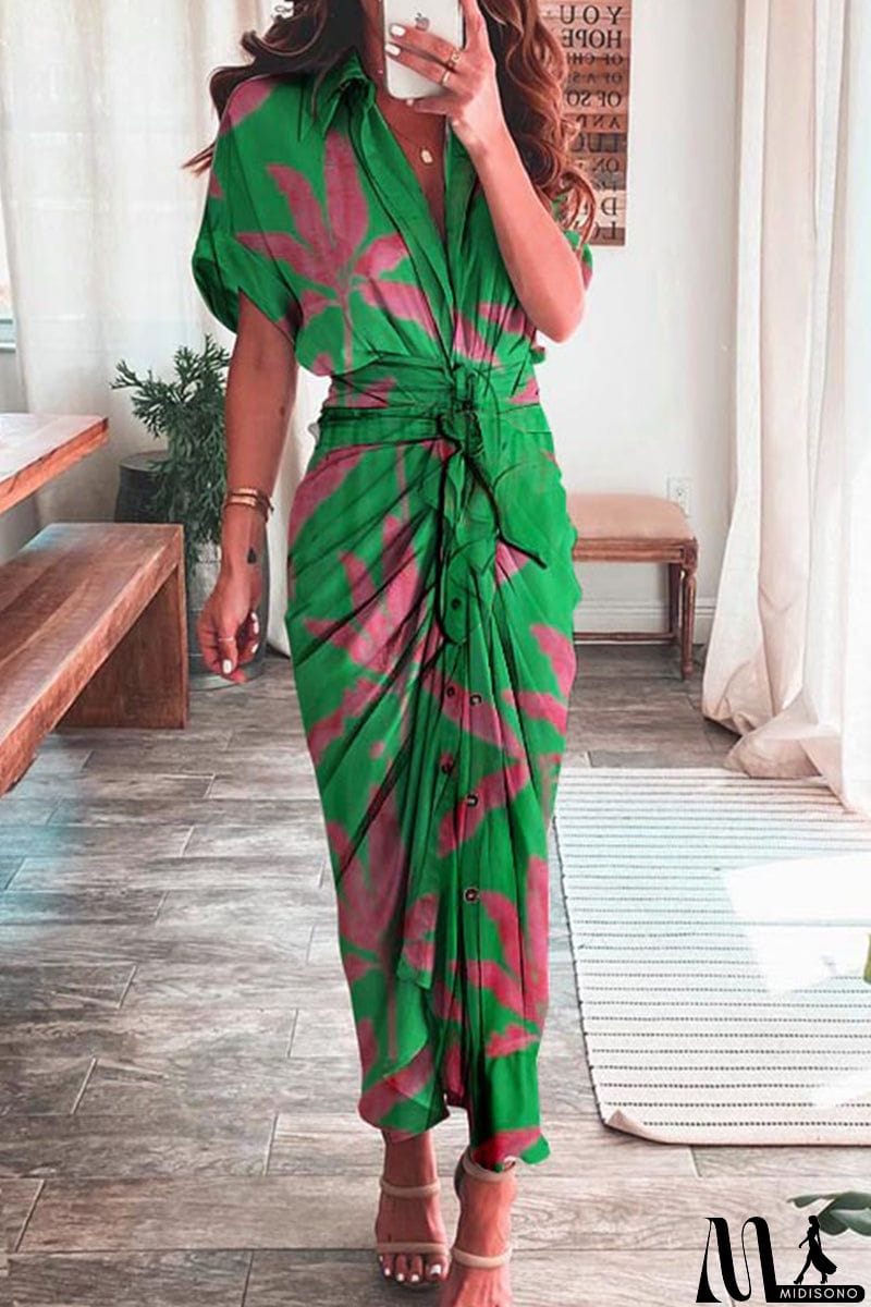 MidiSono - Casual Print Patchwork Turndown Collar Shirt Dress Short Sleeve Dress