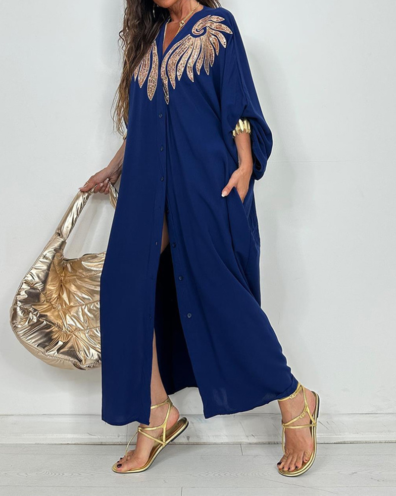 Sequin V Neck Loose Single Breasted Side Split Maxi Dress