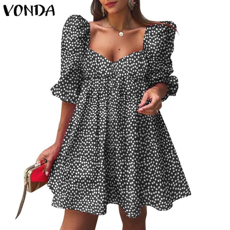 Holiday Sundress 2022 VONDA Women 3/4 Sleeve Square Collar Pleated Mini Dresses Vintage Printed Dress Robe Femme Casual Vestidos