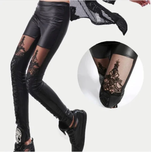 Punk Black Leather Lace Leggings