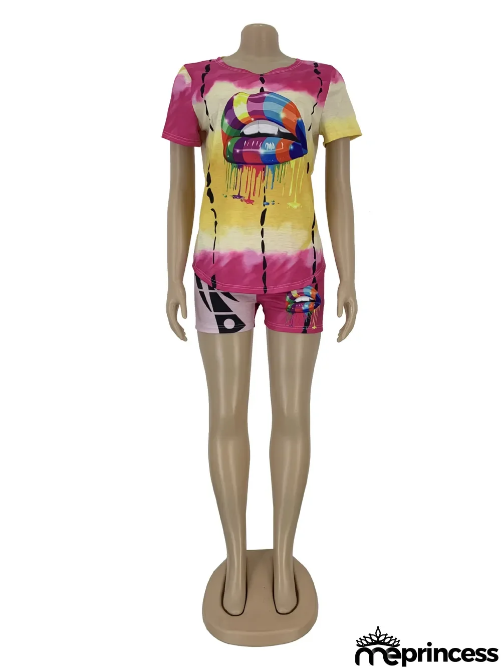 Plus Size Tie Dye Lips Print Two Piece Shorts Set