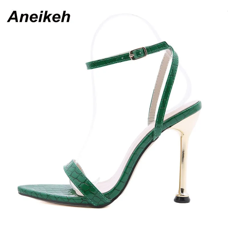 Aneikeh Women's Sandals Fashion Retro Thin Heels Cross-Tied Pointed Toe Elegant Party Narrow Band Print Plaid Shoes 2021 Summer