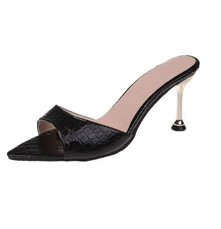 Women Thin High Heels Slippers Peep Toe Rubber Sole Black White Elegant Dress Party Wedding Shoes Ladies Female Outdoor Slides