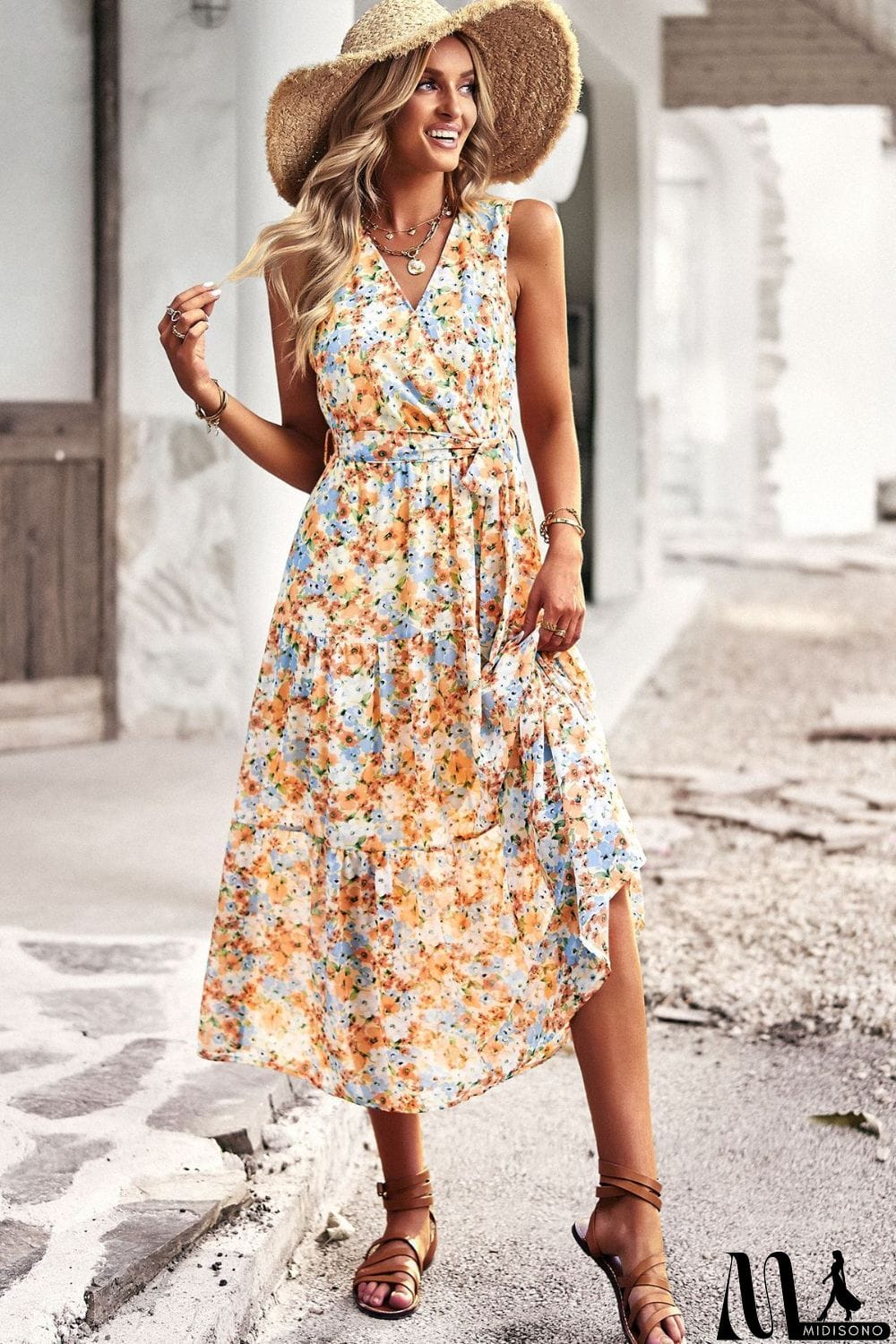 MidiSono - Floral Belted Surplice Sleeveless Tiered Dress