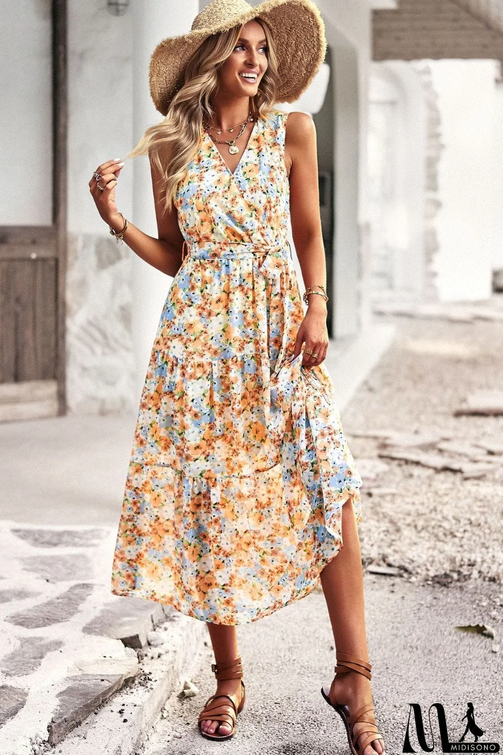 MidiSono - Floral Belted Surplice Sleeveless Tiered Dress