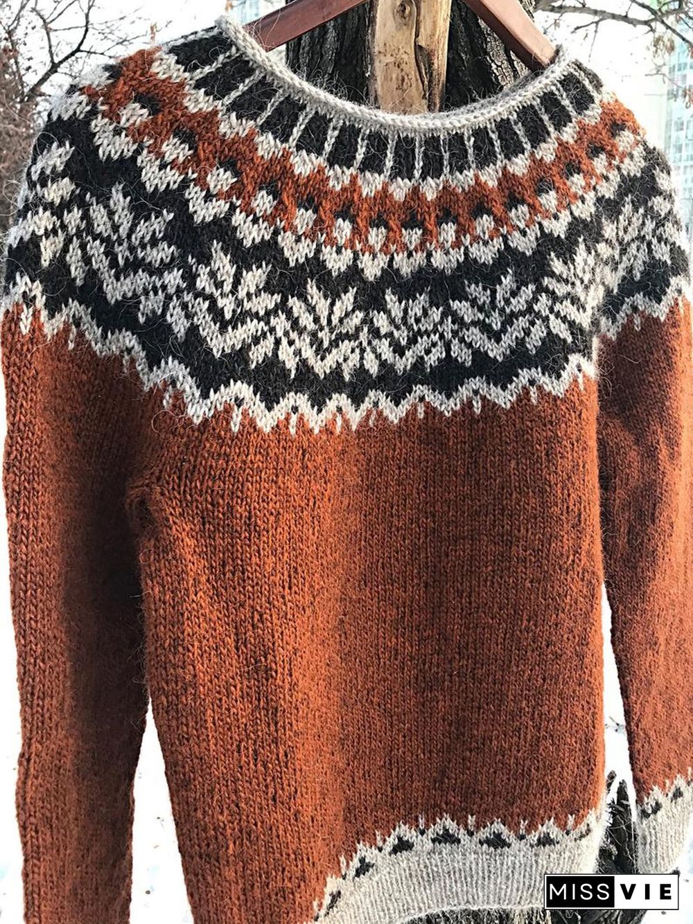 Brown Long Sleeve Vintage Cotton Crew Neck Sweater