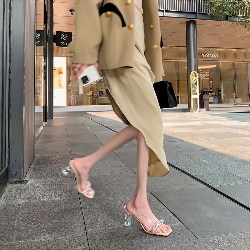 Breakj Breakj Heel Wearing Cold Slippers Women 2025 Summer Fashion Transparent Water Drill Temperament With High Heels Do Not Tired Feet