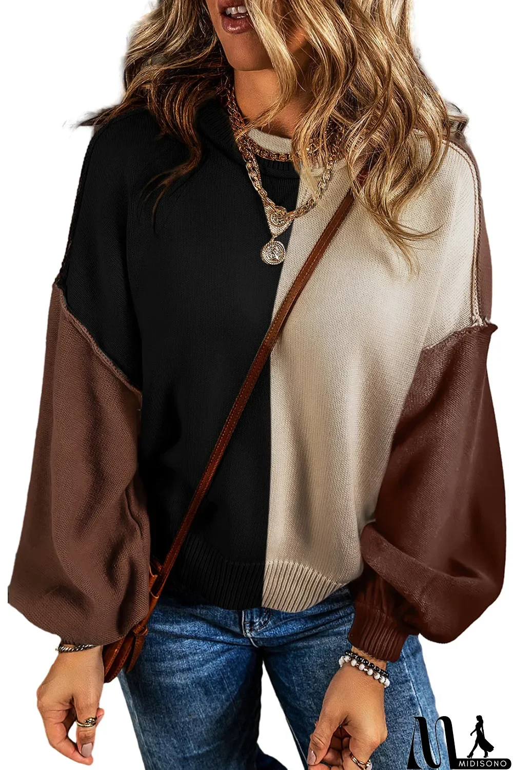 MidiSono - Chicory Coffee Color Block Exposed Seam Loose Fit Sweater