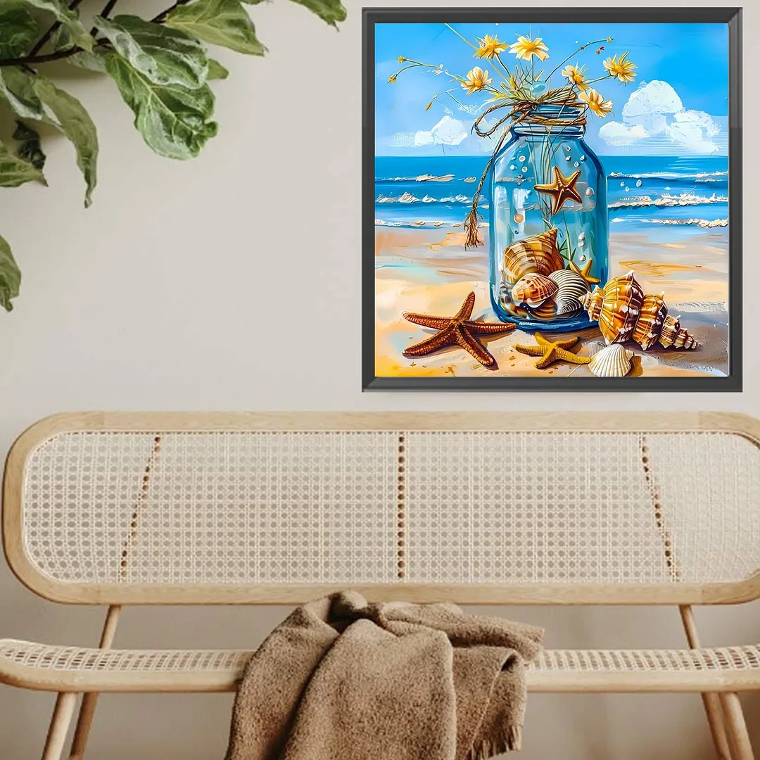 Beach Jar Full DIY 5D Square Drill Gem Art Diamond Painting Kits for Adults/Beginners Gift Idea Home Decor Diamond Dots Paintings Picture Arts Craft Crystal Art Paint by Diamond13.78x13.78in