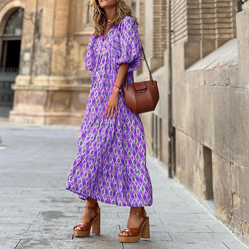 Rotimia Summer Bohemian Balloon Sleeve Dress