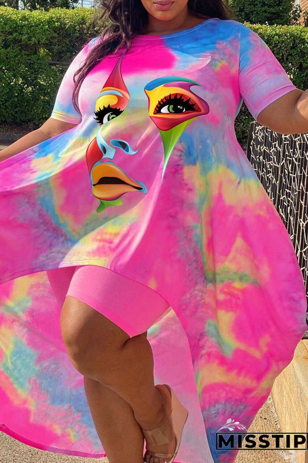 Pink Black Fashion Casual Print Tie-dye O Neck Plus Size Two Pieces