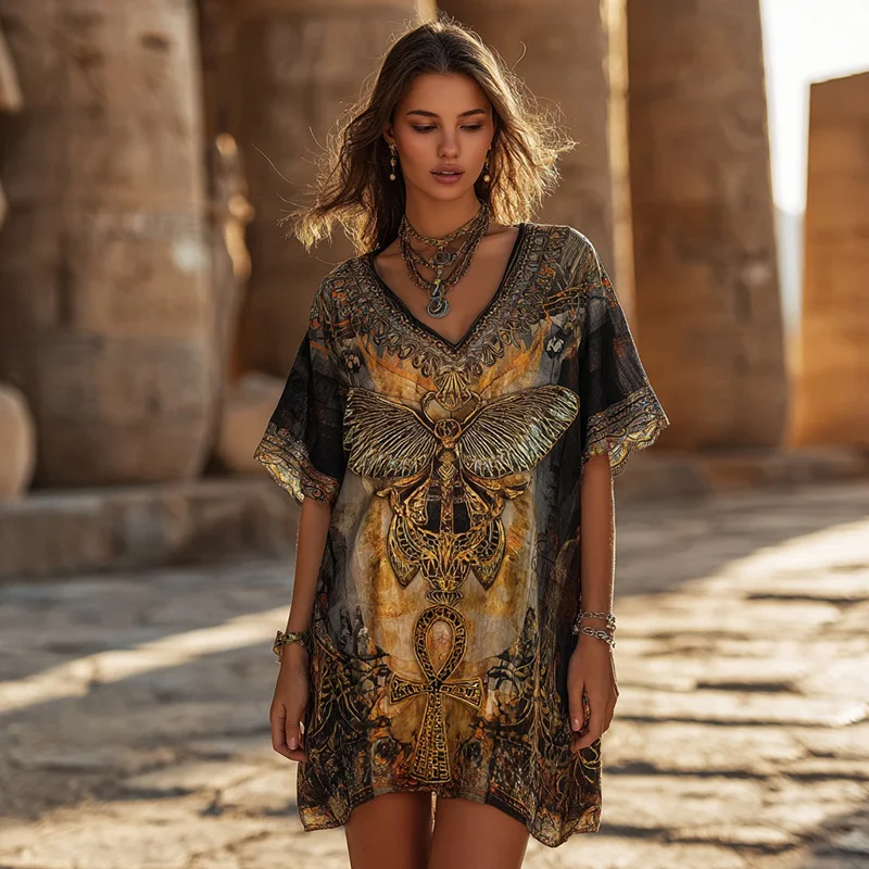 Women'a Egyptian Butterfly And Ankh Art Casual V Neck Linen Dress