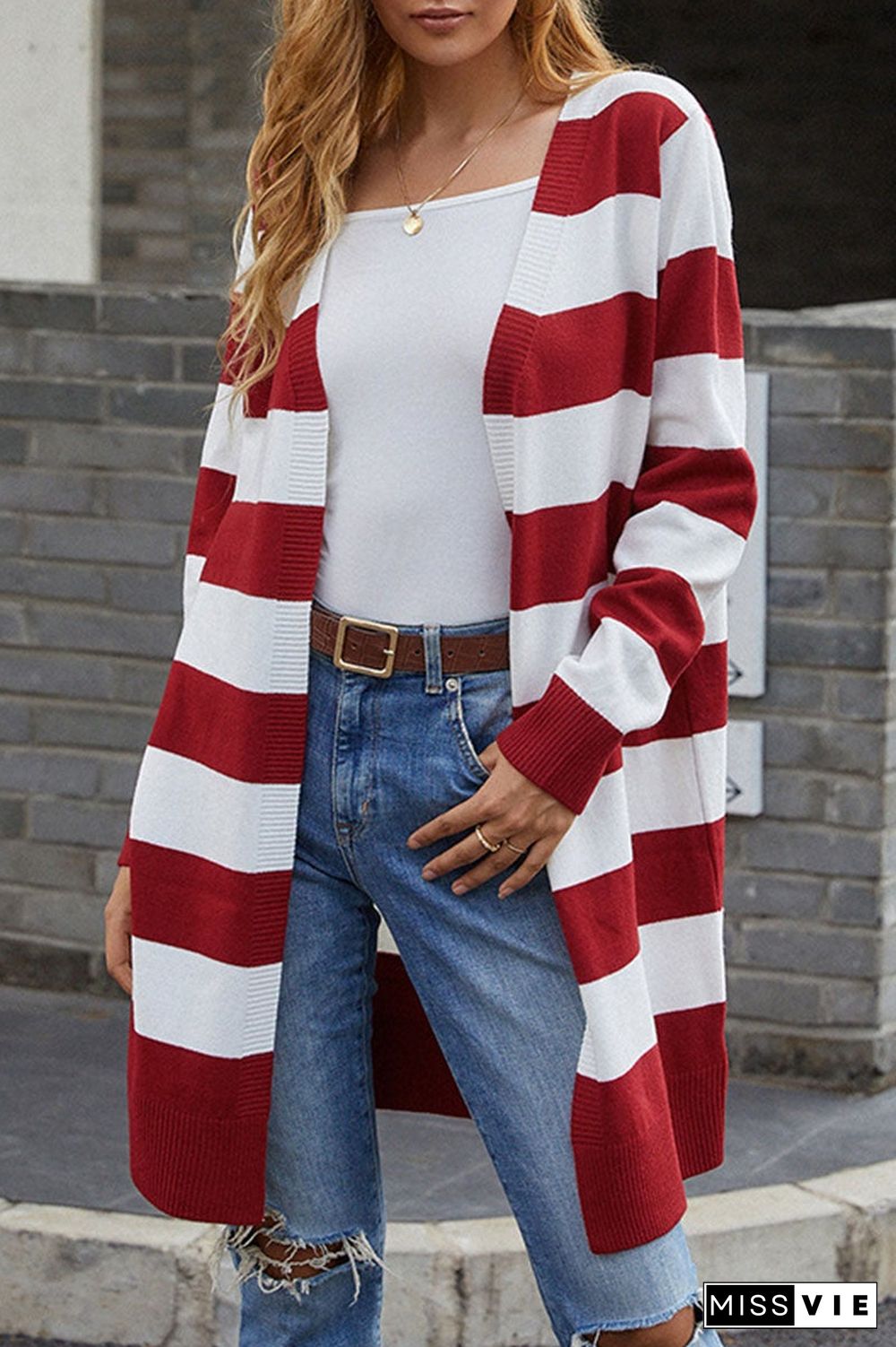 Fashion Casual Striped Split Joint V Neck Tops