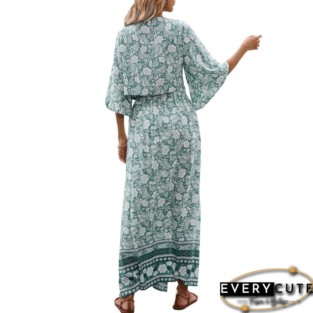 Green V Neck Bohemia Top And Split Skirt Set