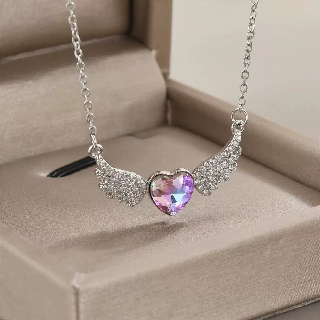 Angel Wings Heart Zirconia Gold Plated Necklace