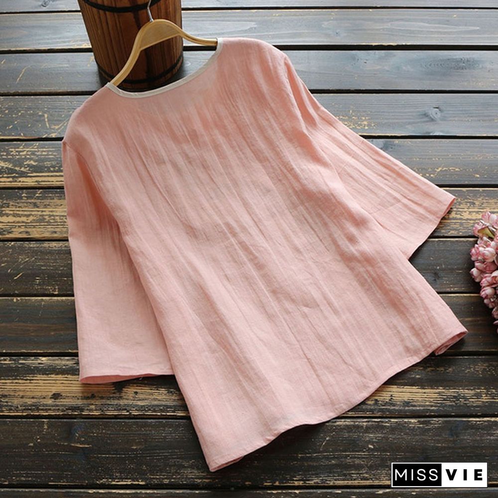 Women Spring Summer Retro Buckle Shirt Top Chinese National Style Embroidery Three Quarter Sleeve Floral Cheongsam Shirts