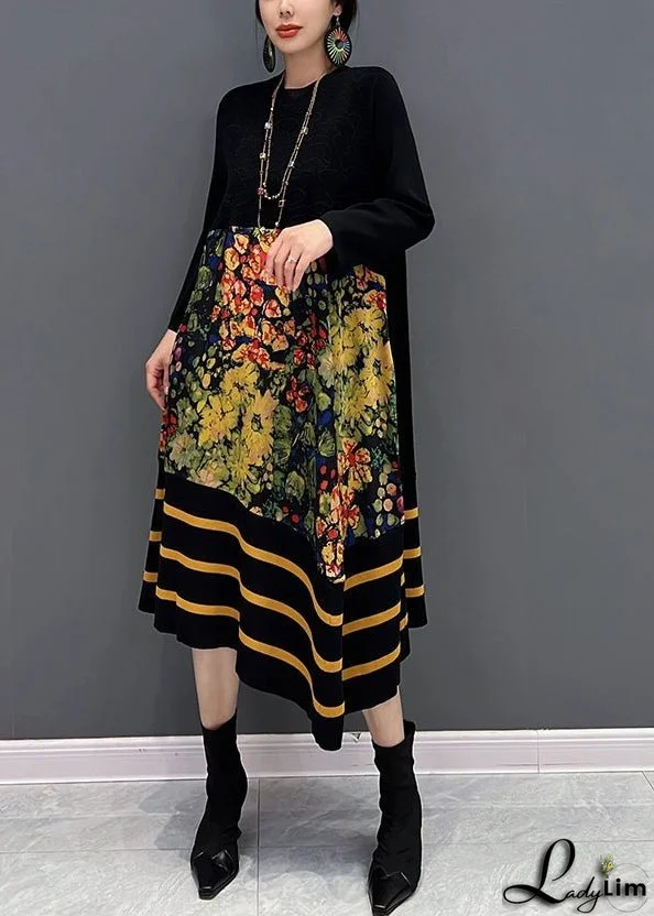 DIY Black O-Neck Print Striped Patchwork Knit Long Dresses Fall