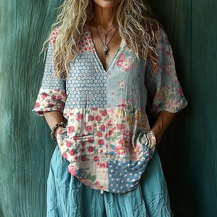 Boho Floral Patchwork Art Print Short Sleeve V-neck Shirt