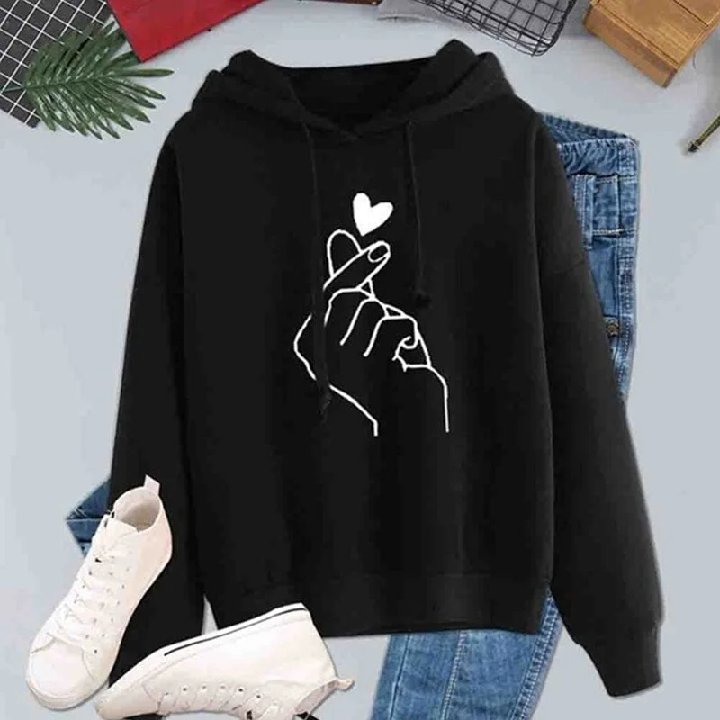 Women Kpop Hoodies Streetwear Finger Heart Print Oversized Woman Sweatshirts Casual Harajuku Long Sleeve Female Hoody Pullovers